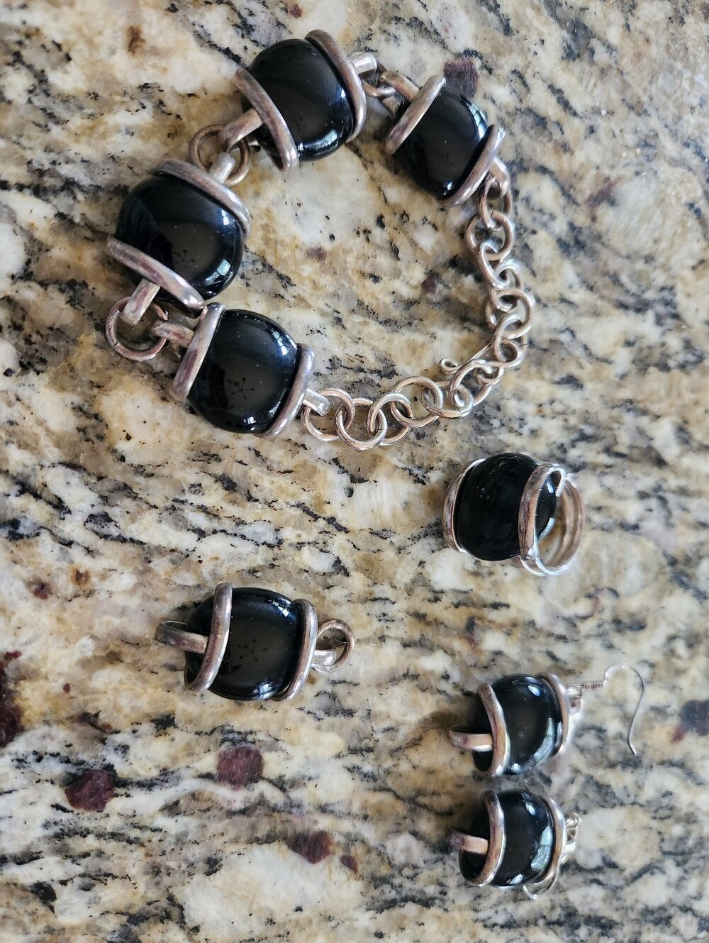 Black Glass Agat Silver Bracelet,Ring, Earings and Pendant Set, 925 silver